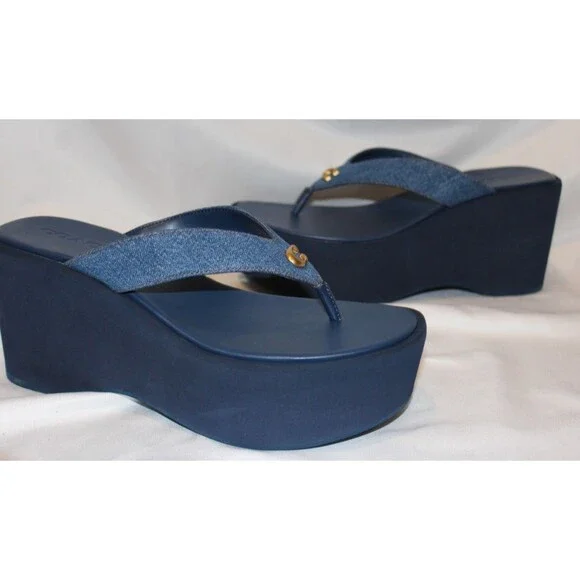 COACH SIGNATURE DENIM SCULPTED C‎ THONG FLIP FLOP SANDALS NIB CHALK BLUE - Picture 3 of 8